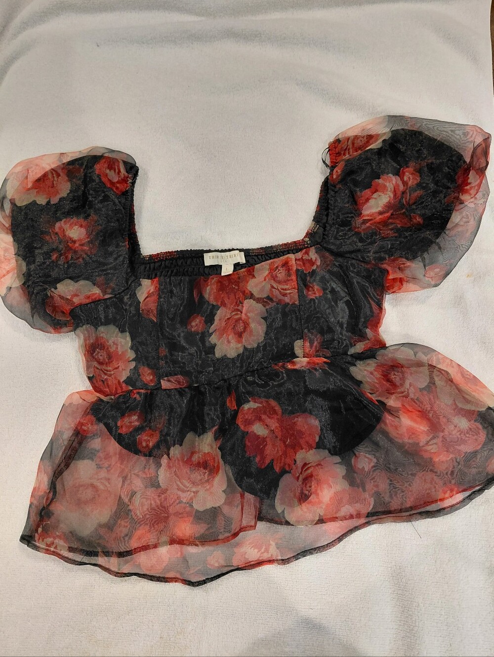 Sheer Black Blouse with Red Floral Print and Puff Sleeves